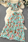 Women Floral Chiffon Two Piece Set Sexy Square Collar Short Puff Sleeve Tops + Ruffle Pleated Midi Skirt Beach 2Pcs