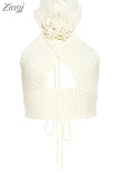 Women New Y2K Knitting Hollow Apricot Elegant Two Pieces Sets Flower Halter Neck Short Vest&Hem Slitted Mermaid