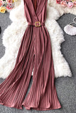 Notched Collar Draped Rompers For Women Casual Sleeveless High Waist Wide Leg Playsuits Female Beige/Green Jumpsuit