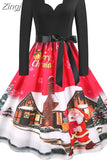 Dress Women Casual Vintage Patchwork Party New Year Santa Print Robe 50S 60S Rockabilly Swing Elegant Winter