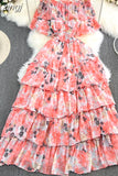 Women Vacation Beach Long Dress Sexy Slash Neck Off Shoulder Short Sleeve High Waist Floral Ruffle Maxi Vestidos