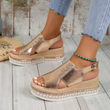 Summer New Large-Size Fish Mouth Buckle Slope Heel Sandals Women's Fashion Comfortable Thick-Soled Bright Face Women's