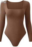 Women Square Neck Casual Bodysuits Tops Ribbed Solid Slim Fit Long Sleeve Short Jumpsuits Clubwear Streetwear