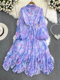 Autumn Women Floral Irregular Ruffle Long Dress Bohemian Pink/Blue/Purple Stand Collar Puff Sleeve High Waist