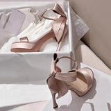 New Dew Sexy Fine Heel High Heel Women Waterproof Table Silk And Satin Bow Bag And A Word Buckle With