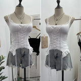 Outside Wearing Hottie Fake Two Splicing Lace Slings Vest Short Sleeveless Top