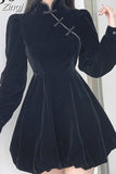 Chinse Style Vintage Black Velour Ball Gown Party Dress Female Cheongsam Autumn Elegant Evening Dresses Puff