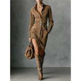 Women's Autumn And Winter Velvet Fashion Single-Dbutton Shirt Dress Skirt With