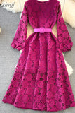 Yellow/Red/White Hollow Out Lace Long Dress Vintage O-Neck Puff Sleeve High Waist A-Line Big Swing Maxi Party Vestido