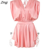 Deep V Neck Satin Dresses Women 2022 Spring Sexy Sleeveless Elegant Blue Robe Solid Backless Bodycon Mini Dress