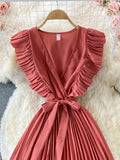 Women Green/Red/Beige Pleated Midi Dress Vintage V-Neck Draped Party Robe Female Elegant Casual Vestidos New Fashion