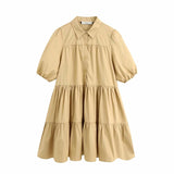 New Lapel Button Solid Color Wide Pendulum Cotton Dress