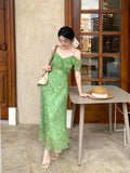 Xixi 2025 Summer New High-Waisted Print Temperament Shoulder Lotus Leaf Side Dress High-End Dress