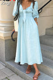 Women's Summer Cotton Linen Dress Sexy A-line Casual Elegant Long Midi Dress Puff Sleeve Vintage Dresses for Women