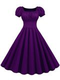 Women Dress Sexy Puff Sleeve Casual Vintage Pin Up Party Dress Solid Elegant Midi