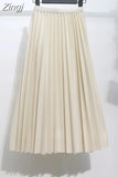 Women Elegant Long Pleated Skirts Spring Autumn Classic High Waist Solid Vintage Saias Midi