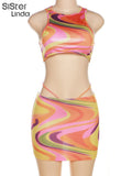 Colorful Print Elegant Two Piece Sets Women Summer Sleeveless Trend Tank Tops+Hollow Skirts Female Vacation
