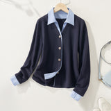 Two Spliced Polo Collar Shirt Women's Spring Design Sense Of Small Chic Repair Shirt Short Long-Sleeved