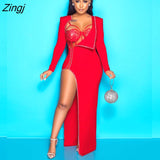 Women Skirt Two Piece Set Lace Bodysuit + Long Dress Split Out Party Night Suit Tracksuit Clothes For Women
