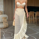 Sexy Solid Three Piece Bikini Set Padded Bra Tassel High Waist Beach Skirt Swimwear Summer Beach Holiday Bathing