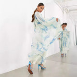 Women's Printed Chiffon Dress V Collar Folded Waist Drawstring Long Sleeve