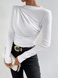 Summer Solid Color Round Collar Repair Shirt Bran Folding Design Women's Long-Sleeved