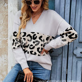 Autumn And Winter New V-Neck Spliced Knitted Shirt Women's Jacket Leopard Print Women's