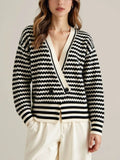 East Autumn And Winter V-Neck Knitted Shirt Buckle Cardigan New Striped Hit-Colored Sweater