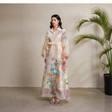 Court-Print Bubble-Sleeved Dress Women's Autumn Strap-In Belt Design Super Fairy Long Dress