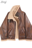 Women's Fur Jacket Belt Zippers Loose Warm Lamb Wool Winter Vintage Thickened Locomotive Lapel Female Chic PU Motorcycle