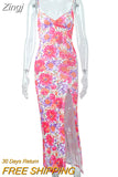Floral Print Slip V Neck Backless Slit Sexy Bodycon Maxi Prom Dress Summer Women Elegant Outfit Streetwear Party