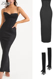 Satin Maxi Dress Sexy Long Prom Evening Party Dresses With Glove Purple V Neck Spaghetti Strap Dresses For Women