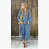 Explosion Of Women's Summer Pocket V-Neck 2 Sets Of Solid Color Loose Women's