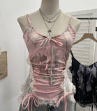Shooting Millennium Spice Girls Heavy Industry Lace Stitching Print Beaded Sling Vest Strapped Short Sleeveless Top