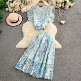 High-End Lace-Print Temperament Single-Drace Buckle Round-Neck Short-Sleeved Top Two Sets Of High-Rise Slimming