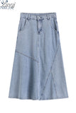 Women Washed Long Denim Skirt Vintage Fashion High Waist Skirt Streetwear Korean All-match Female Irregular A-line Jeans