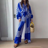 Spot Autumn New Women's Fashion Print Striped Shirt Pleated Straight Wide Leg Pants