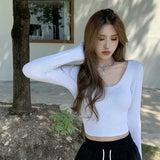 Women Long Sleeve Short T-shirts Solid Deep O-neck Slim Sexy Daily Korean Style Ulzzang Fashion Simple Autumn Female