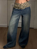 Splicing Retro Leopard-Print Broad-Legged Pants Jeans Women's Niche To Make Old Loose Breathable Straight