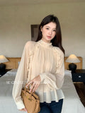 Xixi 2025 Autumn White Standard Temperament Romantic Lotus Leaf With Chiffon Shirt Long-Sleeved Shirt