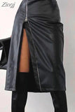 Black PU Leather High Waist Skirts Vintage Grunge Women Streetwear Zip Up High Split Bodycon Midi Skirts with