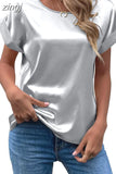 Summer Tops Woman Short Sleeve Silk Blouse Loose Casual O-Neck Solid Shirts Fashion Satin Clothing Elegant