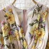 Bohemian Floral Long Dress For Women Sexy V-Neck Short Sleeve High Waist A-Line Big Swing Vestido Casual Blue Robe