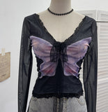Shot Micro-Permeable Mesh Butterfly Print Splicing Lace Hanging Neck Horn Long-Sleeved T-Shirt Repair Short Top