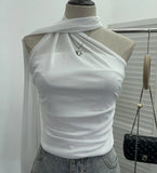 Real Shooting Mesh Ribbon Hanging Neck Folded Sleeveless Top Babes Two-Wearing Design Wrapping Bras