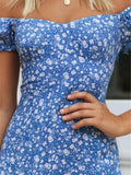 Women Summer Dress Slash Neck Blue Floral Print Boho Beach Midi Dress Sexy Back Bandage A-Line Holiday