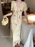Xixi 13 Lines 2025 Summer New Elegant Temperament Printing Pure Desire High-Waist Short-Sleeved Dress