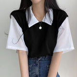 Zingj Summer Polo Lapel Fake Two College Wind Contrast Color Short-Sleeved T-Shirt Women's Loose Casual Versatile Top