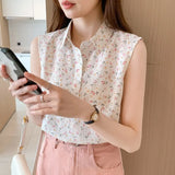 Women's Blouse Floral Elegant Shirt Sleeveless Tank Tops Blouses Chiffon Female Clothing Office Lady Shirts and