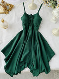 2023 Women Irregular Hem Beach Party Mini Dress Vestidos Sexy Sleeveless High Waist Drawstring Red/Green Strap Dress